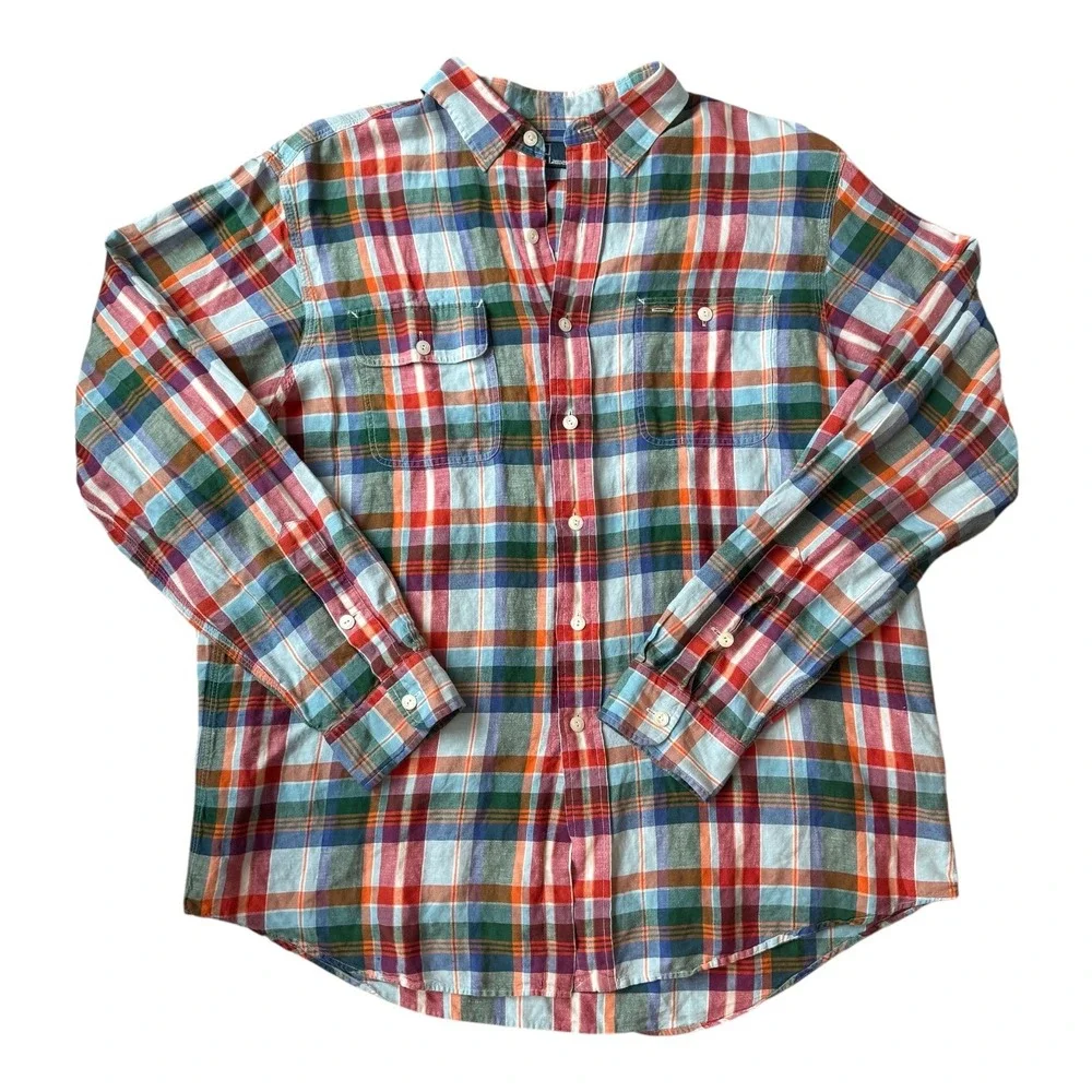 Vintage Y2K Polo Ralph Lauren Silk‎ Linen Plaid Shirt XL Madras Heritage Preppy